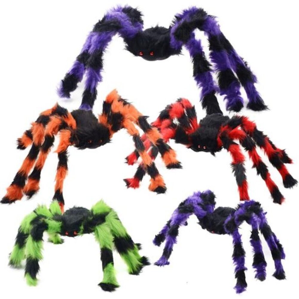 5pcs Halloween Spider Giant Spider with Red Eyes Colorful Hairy Scary Halloween